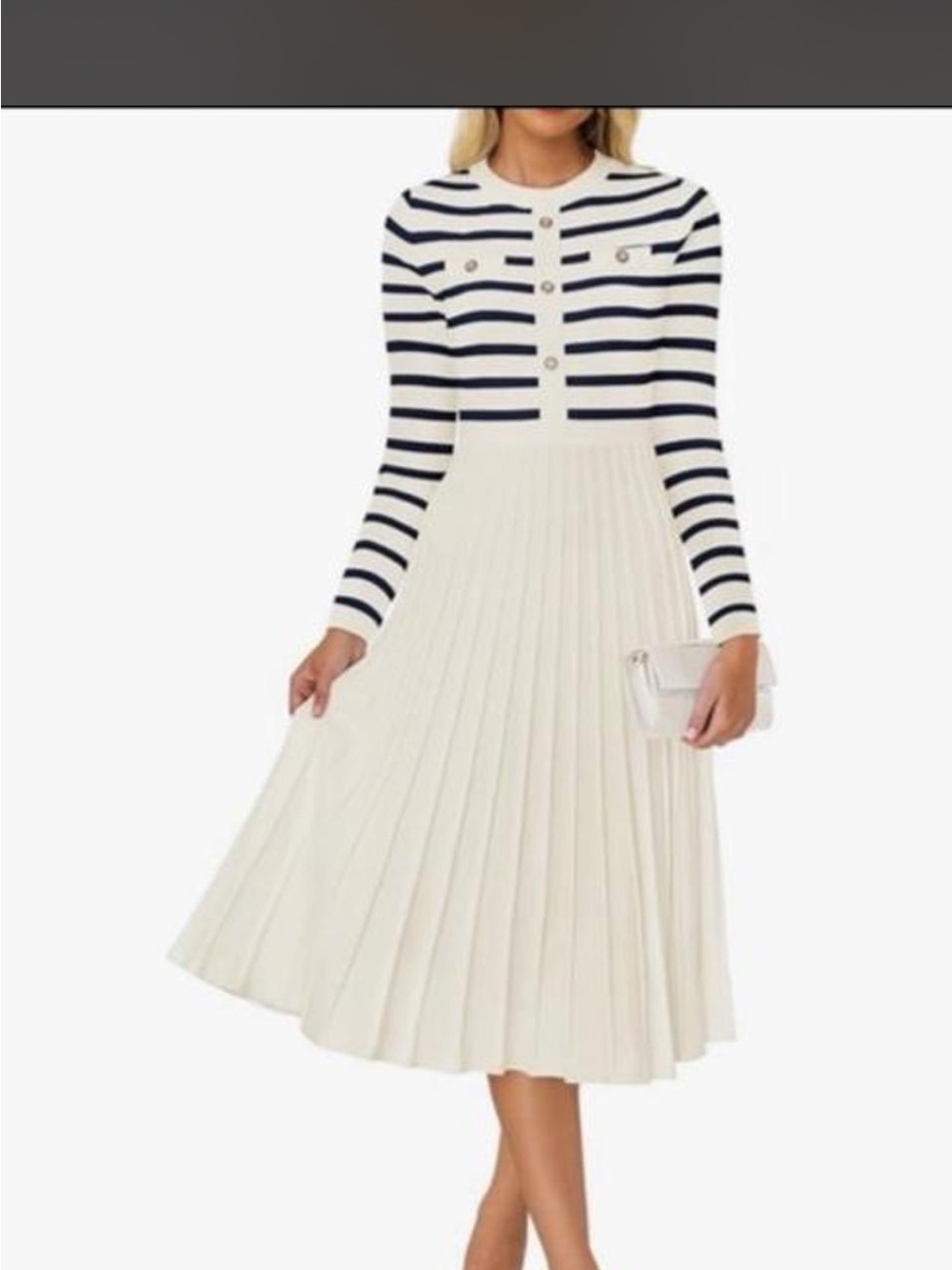 Striped Navy & White Pleated Midi Dress - Picture 2 of 4